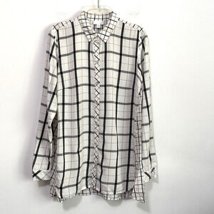 J Jill Blouse S Windowpane White Black Brown Soft Rayon Long Sleeve Top Tunic
